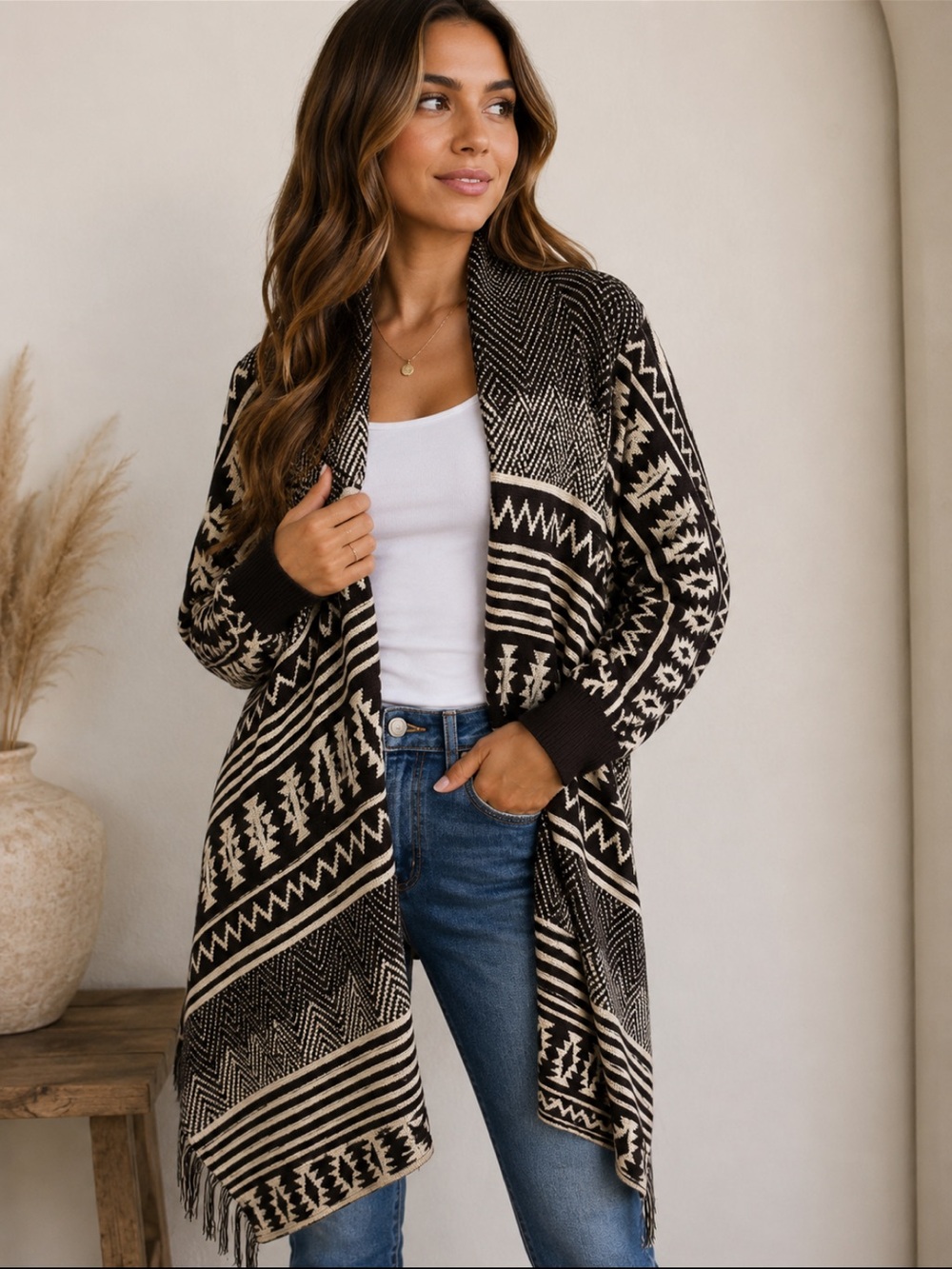 Maurices Black and Cream Aztec Draped Cardigan